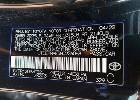 2022 Toyota Corolla Le from USA, damaged, VIN JTDEPMAE5NJ226068